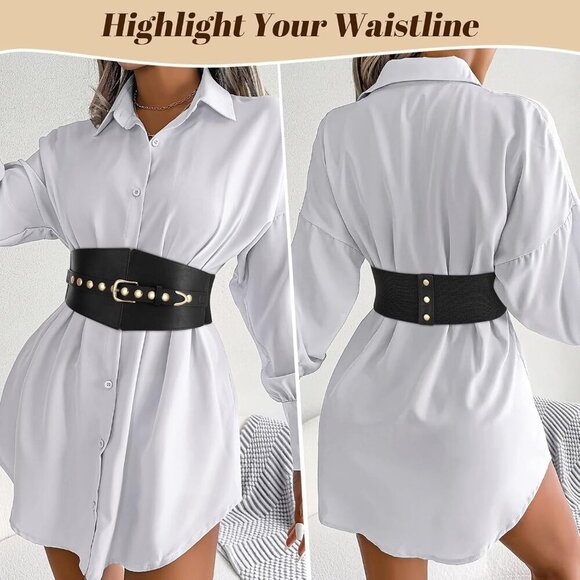 Women Elastic Chunky Stretchy Elegance Belt with Gold Rivets Buckle Daily Black main image 6